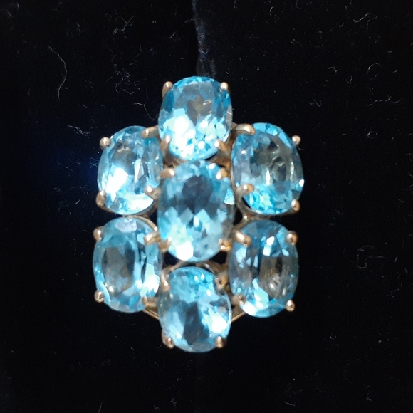 10K Karat Solid Yellow Gold Ladies Ring Blue Topaz Cluster - Picture 2 of 8